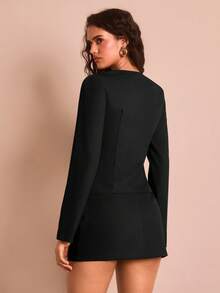 SHEIN Glamour 女士优雅性感OL风深V领长袖上衣搭配迷你裙套装，适合职业女性，商务着装，秋冬季穿着。 - 黑色 - 查看 2