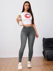 SHEIN ICON 大码女式高腰纯色修身牛仔裤，带口袋 - 淺灰色 - 查看 5