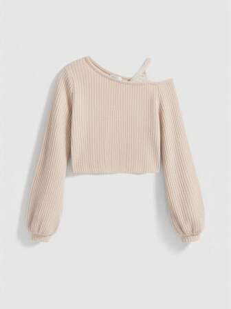 Kawaii Maglietta casual a maniche lunghe con colletto asimmetrico e vestibilità ampia, di colore unito per donna