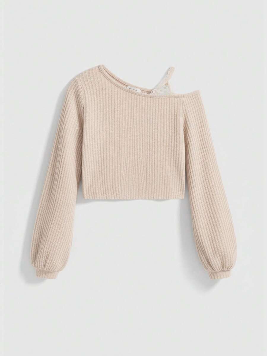 ROMWE Kawaii Áo thun nữ dài tay cổ lệch màu trơn, dáng rộng, phong cách thường ngày. - Màu be - Xem 1