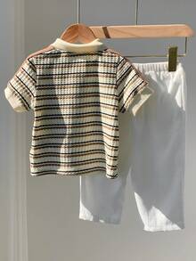 SHEIN 2件套男宝宝度假可爱休闲条纹polo衫和松紧腰裤套装，适合生日派对、锐舞派对、晚宴、演出、婚礼、迎婴派对、一周岁生日庆祝活动。 - 彩色 - 查看 3