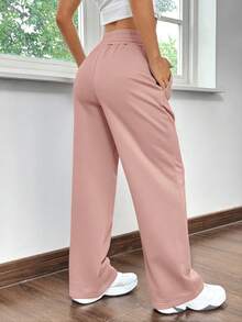 SHEIN EZwear 女士夏季休闲宽松直筒运动裤，莲藕粉色 - 粉色 - 查看 2