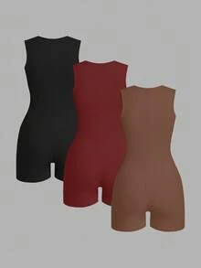 SHEIN EZwear 3pcs Women's Solid Color Swan Neck Casual Bodycon Sleeveless Romper Set - Multicolor - View 2