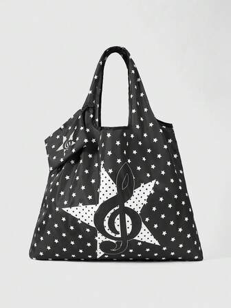 Kawaii Bolso de tela plegable de gran capacidad con estampado de corazones y notas musicales de moda, bolso de compras portátil con monedero