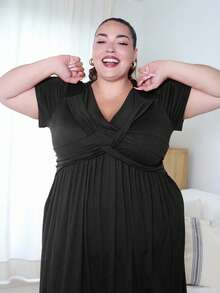 Pretty and Ole Plus Size Casual Solid Color V-Neck Cinched Waist Slant Pocket Sundress For Summer, For Thanksgiving Maxi Women Outfit