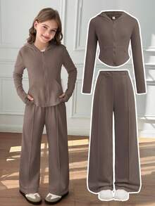 Tween Girls 2pcs Solid Hoodie Top And Wide Leg Pants Set, Casual For Spring/Autumn, Daily Wear - Mocha Brown - View 14