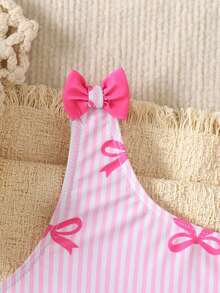 Young Girl Cute Pink Striped Bow Print Ruffle Trim Bikini Set, Adjustable Straps, Asymmetric Neckline Swimsuit, Suitable For Beach, Vacation, Matching With Sisters - Pink - View 7