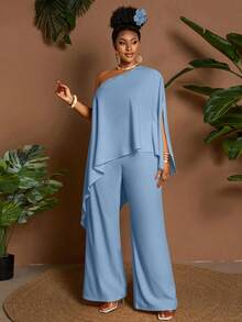 Maweii Plus Size 2 Pieces Set: Asymmetric Hem Loose Casual Vacation Top & Shorts, Yellow Fall - Blue - View 4