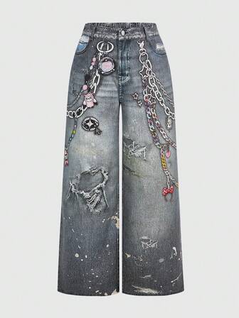 Grunge Punk Plus Size Women Grunge-Punk Y2K Soft Girl Retro Casual Motorcycle Chain Decor Print Jeans