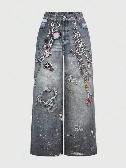 Grunge Punk Jeans avec chaîne décorative, imprimé, style casual, rétro, Y2K, grunge-punk, pour femmes grandes tailles