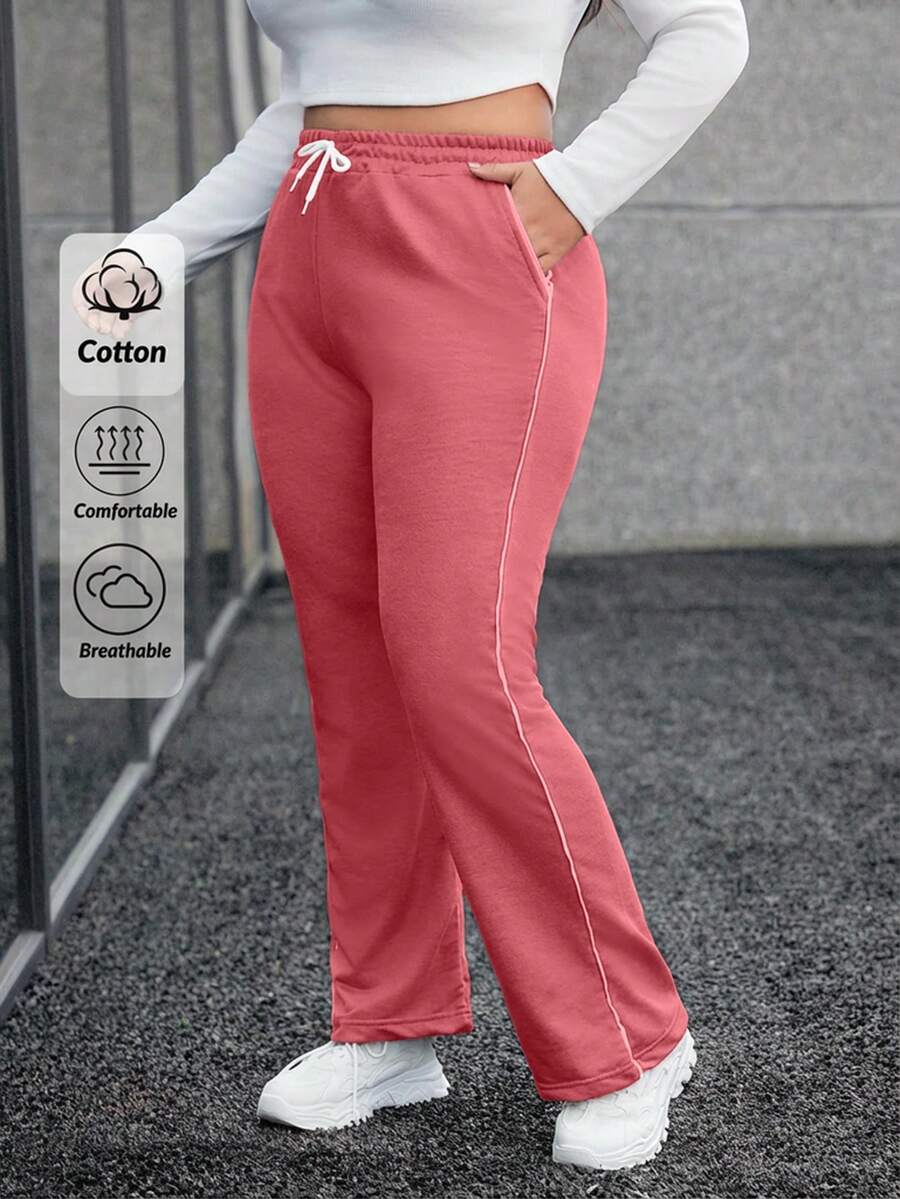 Pantalones de chándal informales y holgados con cordón en la cintura para tallas grandes - Rosa vieja - Ver 1