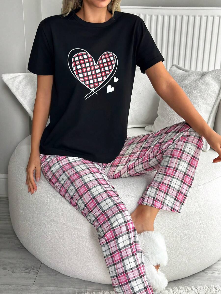 EURMUSE Cotton Heart Printed SHORT Sleeve Shrit& Plaid Pattern Sleep Pants Homewear Lounge Pajama Set For Ladies - Multicolor - View 1