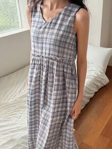 DAZY 女士格子无袖宽松长款睡裙 - 紫色 - 查看 3