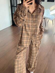 DAZY Women's Plaid Pajama Set, Loose Fit, Suitable For Autumn/Winter And Christmas - Khaki - View 3