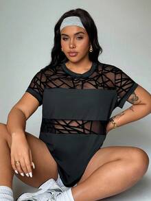 Easithlete 2件/套 大码女式几何网眼拼接短袖运动T恤 - 黑色 - 查看 5