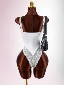 Amplova 2026 New Sexy Contrast Lace Satin Low-Cut Bodysuit For Women - White - View 4