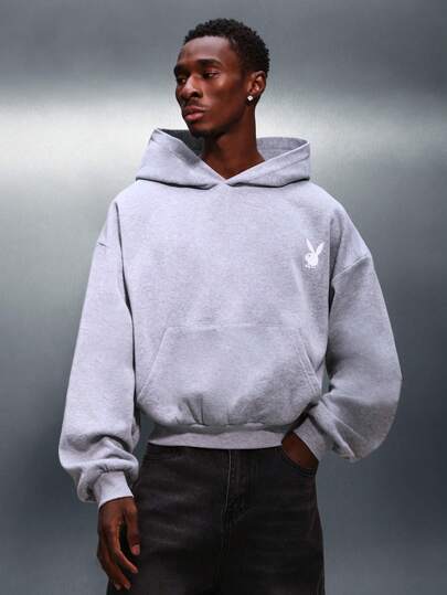 PLAYBOY X SUMWON קפוצ'ון גדול במיוחד לגברים עם לוגו ארנב וכיס מרכזי בצבע אפור בהיר, שרוול ארוך, אופנת רחוב חורפית קז'ואלית