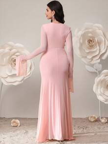 SHEIN 孕妇纯色V领喇叭袖褶皱优雅连衣裙