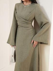 Veilorie New Design Wrap Tie Waist Casual Striped Dress, Versatile For Daily Wear And Vacation - Army Green - View 2