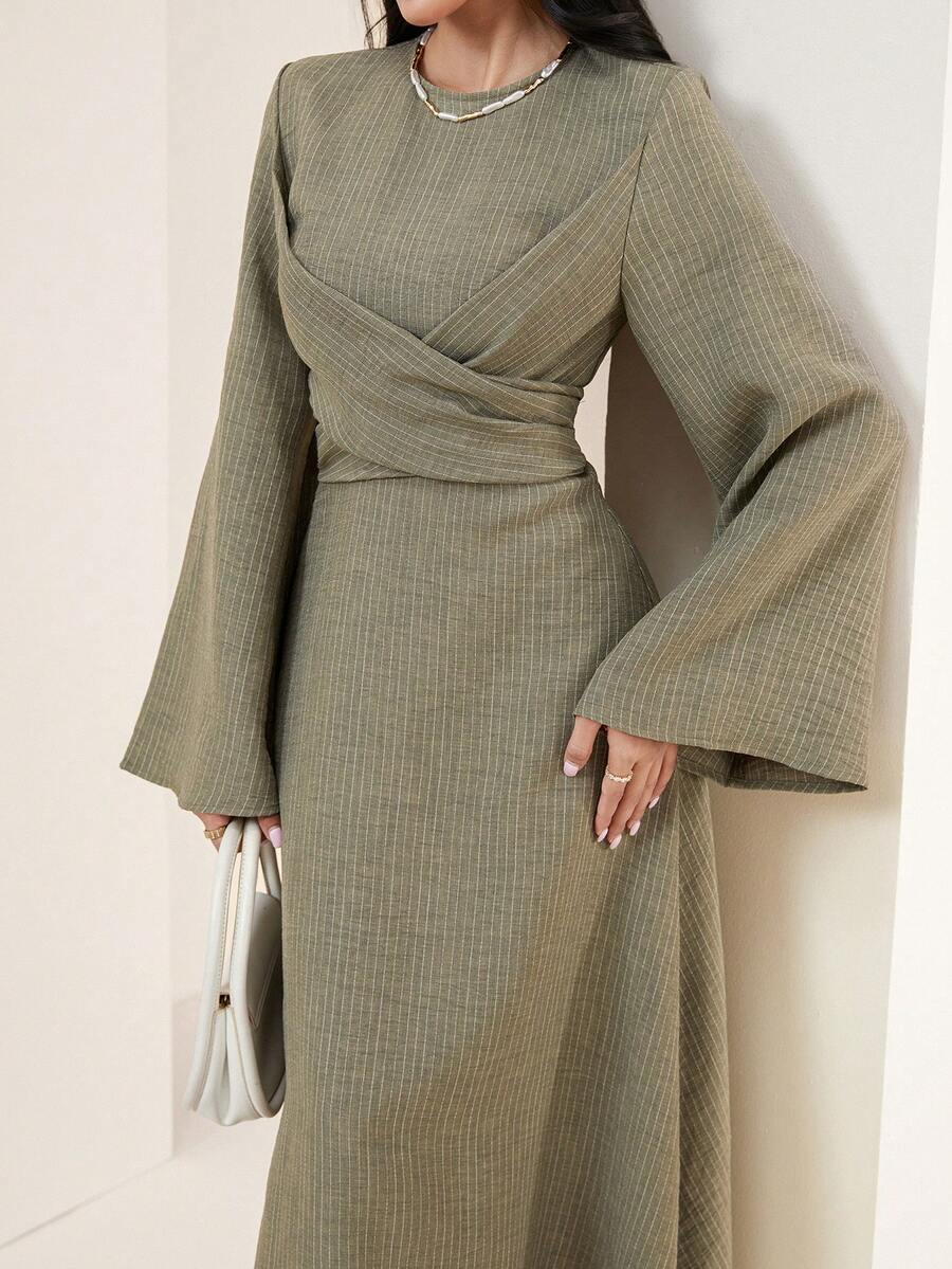 Veilorie New Design Wrap Tie Waist Casual Striped Dress, Versatile For Daily Wear And Vacation