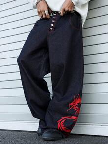 Manfinity EMRG Men's Chinese Dragon Embroidery Button Front Pocket Wide Leg Jeans Men's Embroidered Jeans Men's Embroidered Jeans - Blue - View 6