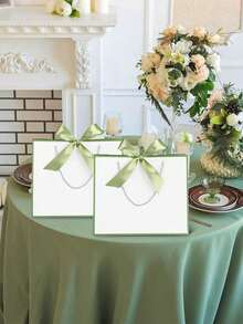 1/5pcs-Landscape-Style Kraft Paper Gift Bags, Shopping Bags, Packaging Bags With Handles, Bow-Decorated Handbags, Trick Or Treat, Halloween, White Large-Capacity Paper Bags, Halloween, Thanksgiving, Christmas, New Year, Wedding, Birthday Gift Packaging Bags - Light green - View 4