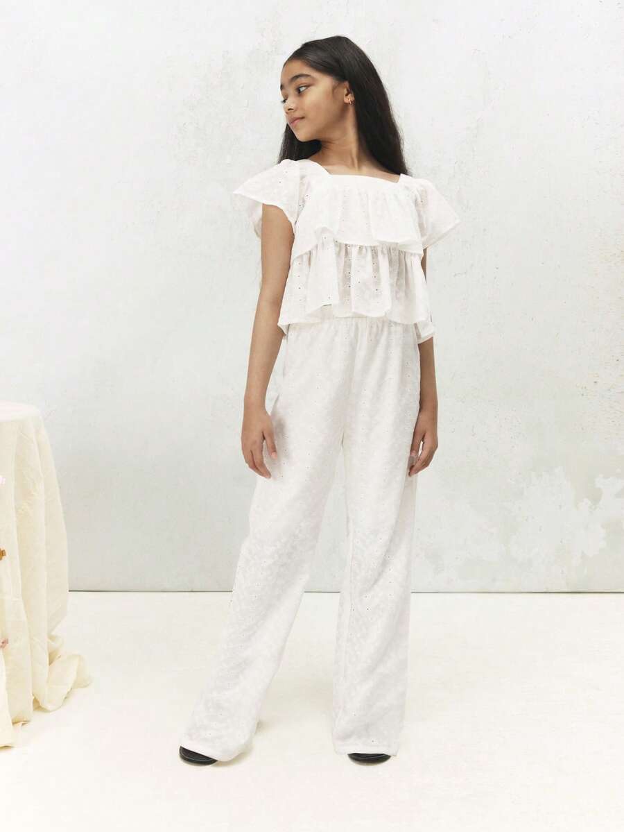 SUMWON Eyelet Anglaise Ruffle Frill Top And Wide Leg Pants Two Piece Co Ord Set Summer Vacation Beach Holiday Outfit Festive Occasionwear