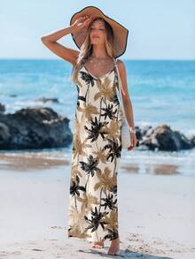 Sylviya Vestido casual de vacaciones de punto elástico con estampado de árbol de hojas para mujer, cómodo y de moda, adecuado para el verano - Multicolor - Ver 1