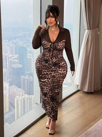 NU&NOW 大码女式豹纹拼接前系带长袖修身时尚连衣裙