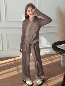 Tween Girls 2pcs Solid Hoodie Top And Wide Leg Pants Set, Casual For Spring/Autumn, Daily Wear - Mocha Brown - View 5