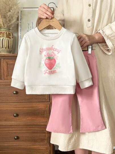 SHEIN Vintaside Kids 2pcs Baby Girl Delicate Floral Digital Print Comfortable Breathable Crew Neck Long Sleeve Sweatshirt & Loose Flared Pants Two-Piece Set (Pink Pants), Dreamy, Cute, Sweet, Casual, Fashionable, Versatile, Retro Elegant Country Style. Perfect For Summer Outings, Beach Trips, Daily Wear, Travel, Outdoor Activities, Vacation, Shopping, Birthday Parties, Evening Events, Performances, Weddings, Christenings, Opening Ceremonies, And Casual Occasions. Perfect Match With Spring, Summer, Autumn, And Winter Outfits. Strawberry Toddler Outfit Baby Girl Sweat Set 2pcs Set Toddler Girls Baby Girl Casual Pant Sets Toddler Strawberry Farm Clothes