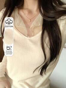 DAZY Women's V-Neck Loose Contrast Mesh Casual T-Shirt Long Sleeve - Apricot - View 1