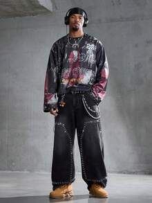 ROMWE MEN Men's Casual Washed Dark Rivet Curved Jeans - Black - View 6