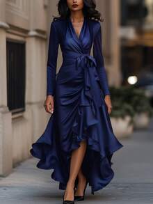 Balvessa 优雅V领系腰长裙，不对称荷叶边下摆，层叠褶裥设计，尽显女性优雅精致，秋冬佳选。 - Dark Blue - 查看 1