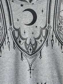 ROMWE Plus Size Vintage Gothic Church Cross Print Loose Fit Zip-Up Sweatshirt - Dark Grey - View 3