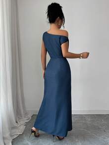 Elenzga Nuovo abito lungo a vita alta, adatto per viaggi e servizi fotografici, elegante abito asimmetrico blu profondo con decorazione di perle sulla spalla - Blue Power - Visualizzare 2