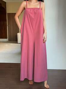DAZY 纯色宽松阔腿连体裤，女士睡衣 - 玫紅色 - 查看 5
