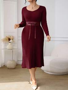 Modelyn Plus Size Elegant Commuter Solid Color Tie Waist Knit Dress - Burgundy - View 4