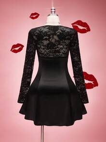 SHEIN ICON Plus Size Lace Patchwork A-Line Dress, Elegant For Dates, Parties, Birthdays, Valentine's Day Black Dress Classy Elegant,Valentine Dress