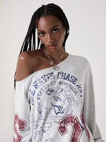 ROMWE Street Life Spring/Summer American Casual Street Style Letter Print Oblique Shoulder Grey Sweatshirt - Grey - View 6