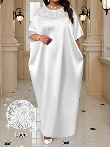 SHEIN Lady 大码女式花卉蕾丝拼接蝙蝠袖宽松优雅连衣裙 - 白色 - 查看 1