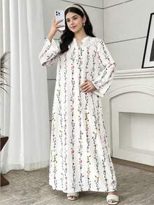 SHEIN Teen Girls White Polyester Long Sleeve Tunic Dress With Ruffle Details And Notched Neckline Vacation Style Floral Print - White - View 7