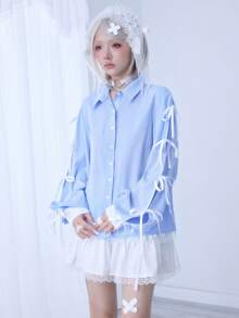 ROMWE EDITION Áo sơ mi dài tay kẻ sọc trang trí nơ dễ thương kiểu Kawaii dành cho nữ - Màu xanh lam - Xem 5