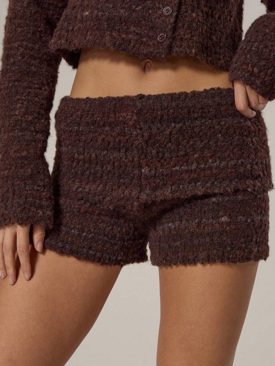 MUSERA 翻折腰带纹理针织迷你短裤，春季少女风，日常穿搭，可爱休闲，甜豌豆 - 棕色 - 查看 1