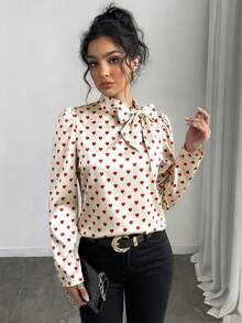 Rafferiza Áo kiểu nữ tay dài thanh lịch in hình trái tim, cổ buộc nơ, có khóa cài. - Nhiều màu - Xem 6