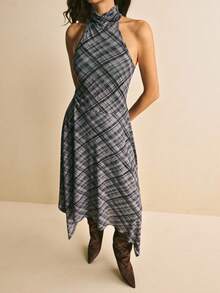 Poéselle Vestido Halter Assimétrico Xadrez Moda Feminina para Transporte - Preto - Visão 6