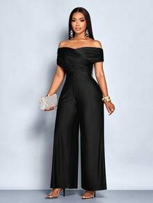 SOLERSUN Women's Elegant Solid Color Criss Cross Ruched Off Shoulder Jumpsuits - Black - View 3