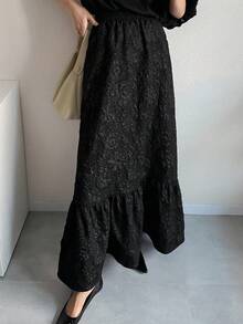 FRIFUL 女士提花弹力腰荷叶边下摆优雅A字裙 - 黑色 - 查看 2