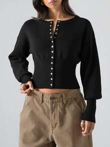 LYSMO 新款极简主义春季休闲女式黑色落肩长袖单排扣收腰开衫，纯白设计，适合外出、街头风和斯德哥尔摩风格。 - 黑色 - 查看 3