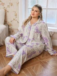 CottageSlumber 花卉印花开襟长袖长裤睡衣套装，加大码 - 彩色 - 查看 3